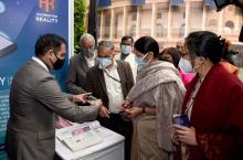 The Minister of State for Education, Smt. Annpurna Devi visiting an exhibition at the presentation of the National ICT Award Ceremony for School Teachers, in New Delhi on February 28, 2022.