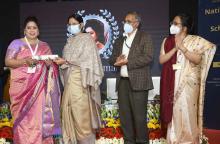 The Minister of State for Education, Smt. Annpurna Devi presenting the National ICT Award for School Teachers, at a function, in New Delhi on February 28, 2022.