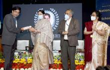 The Minister of State for Education, Smt. Annpurna Devi presenting the National ICT Award for School Teachers, at a function, in New Delhi on February 28, 2022.