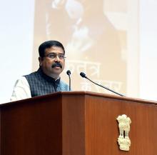 The Union Minister for Education, Skill Development and Entrepreneurship, Shri Dharmendra Pradhan addressing at the release of the books titled ‘Loktantra ke Swar’ and ‘The Republican Ethic’, in New Delhi on June 08, 2022.