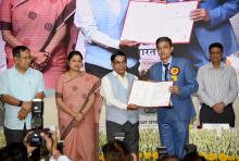 The Minister of State for Education, Dr. Subhas Sarkar felicitated the teachers on the occasion of Shikshak Parv 2022, in New Delhi on September 06, 2022. The Minister of State for Education, Smt. Annpurna Devi and the Minister of State for External Affairs and Education, Dr. Rajkumar Ranjan Singh are also seen.