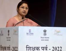 The Minister of State for Education, Smt. Annpurna Devi addressing on the occasion of Shikshak Parv 2022, in New Delhi on September 06, 2022.