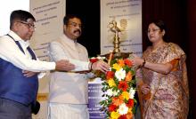 The Union Minister for Education, Skill Development and Entrepreneurship, Shri Dharmendra Pradhan lighting the lamp at the launch of the National Curriculum Framework for Foundational Stage 2022 and Balvatika at Kendriya Vidyalayas, in New Delhi on October 20, 2022. The Ministers of State for Education, Dr. Subhas Sarkar and Smt. Annpurna Devi are also seen.