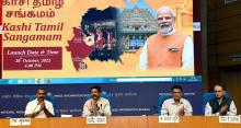 The Union Minister for Education, Skill Development and Entrepreneurship, Shri Dharmendra Pradhan and the Minister of State for Fisheries, Animal Husbandry & Dairying, Information and Broadcasting, Dr. L. Murugan addressing a Press conference on ‘Kashi Tamil Sangamam’, in New Delhi on October 20, 2022.