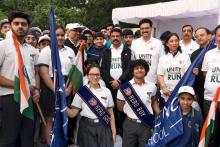 The Union Minister for Education, Skill Development and Entrepreneurship, Shri Dharmendra Pradhan at the Run for Unity on the occasion of 147th birth anniversary of Sardar Vallabhai Patel, in New Delhi on October 31 2022.