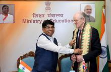 The Minister of State for Education, Dr. Subhas Sarkar with Mr. Nick Gibb, the Minister of State for Schools, UK, in New Delhi on February 10, 2023