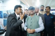 The Union Minister for Education, Skill Development and Entrepreneurship, Shri Dharmendra Pradhan exploring the many exhibits at the G20 Future of Work exhibition, in Bhubaneswar on April 23, 2023.