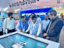 The Minister of State for Education, Dr. Subhas Sarkar visits stall at the G20 Future of Work exhibition on the CSIR-IMMT premises, in Bhubaneswar on April 26, 2023.