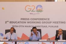 The Secretary of DoHE, Ministry of Education, Shri K. Sanjay Murthy, ADG (M&C), PIB Chandigarh, Shri Rajinder Chaudhry and the Director IIT Ropar, Prof. Rajeev Ahuja conducting Pre-Event Press Conference at Hotel Radisson Blu, in Amritsar on March 14, 2023.