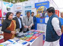 The Union Minister of State for Education visits an exhibition during the Bharatiya Bhasha Utsav celebrations