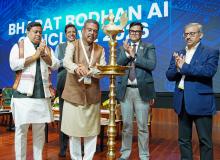 Shri Dharmendra Pradhan lighting the lamp at the ‘Bharat Bodhan AI Conclave-2026’