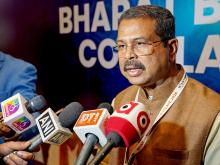 Shri Dharmendra Pradhan interacting with media during the ‘Bharat Bodhan AI Conclave-2026’