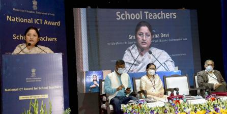 The Minister of State for Education, Smt. Annpurna Devi addressing at the presentation of the National ICT Award Ceremony for School Teachers, in New Delhi on February 28, 2022.