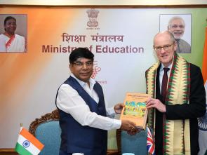 The Minister of State for Education, Dr. Subhas Sarkar with Mr. Nick Gibb, the Minister of State for Schools, UK, in New Delhi on February 10, 2023.