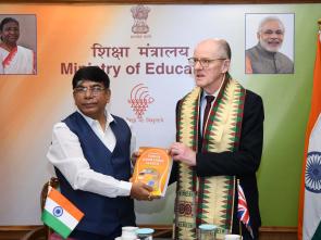 The Minister of State for Education, Dr. Subhas Sarkar with Mr. Nick Gibb, the Minister of State for Schools, UK, in New Delhi on February 10, 2023.