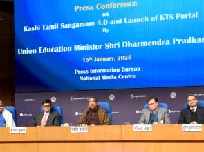 The Union Minister for Education, Shri Dharmendra Pradhan holds a Press Conference on Kashi Tamil Sangamam 3.0 at National Media Centre, New Delhi on January 15, 2025.