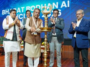 Shri Dharmendra Pradhan lighting the lamp at the ‘Bharat Bodhan AI Conclave-2026’