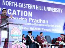 The Union Minister for Education, Skill Development and Entrepreneurship, Shri Dharmendra Pradhan addressing at the XXVII Convocation of North Eastern Hill University (NEHU), in Shillong on May 21, 2022.