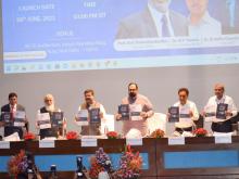 The Union Minister for Education, Skill Development and Entrepreneurship, Shri Dharmendra Pradhan addressing at the launch of Digital Skilling initiative of AICTE, in New Delhi on June 06, 2022. The Minister of State for Skill Development & Entrepreneurship, Electronics and Information Technology, Shri Rajeev Chandrasekhar is also seen.