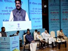 The Union Minister for Education, Skill Development and Entrepreneurship, Shri Dharmendra Pradhan addressing at the inauguration of new initiatives on the completion of 2nd year of National Education Policy, in New Delhi on July 29, 2022. The Union Minister for Home Affairs and Cooperation, Shri Amit Shah and the Minister of State for Skill Development & Entrepreneurship, Electronics and Information Technology, Shri Rajeev Chandrasekhar are also seen.
