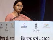 The Minister of State for Education, Smt. Annpurna Devi addressing on the occasion of Shikshak Parv 2022, in New Delhi on September 06, 2022.