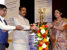 The Union Minister for Education, Skill Development and Entrepreneurship, Shri Dharmendra Pradhan lighting the lamp at the launch of the National Curriculum Framework for Foundational Stage 2022 and Balvatika at Kendriya Vidyalayas, in New Delhi on October 20, 2022. The Ministers of State for Education, Dr. Subhas Sarkar and Smt. Annpurna Devi are also seen.