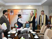 The Minister of State for Education, Dr. Subhas Sarkar with Mr. Nick Gibb, the Minister of State for Schools, UK, in New Delhi on February 10, 2023