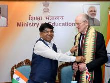 The Minister of State for Education, Dr. Subhas Sarkar with Mr. Nick Gibb, the Minister of State for Schools, UK, in New Delhi on February 10, 2023